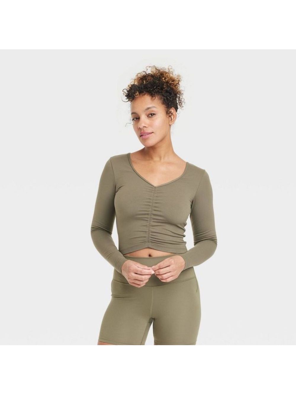 All in Motion Olive Ruched V-Neck Long Sleeve Top XS